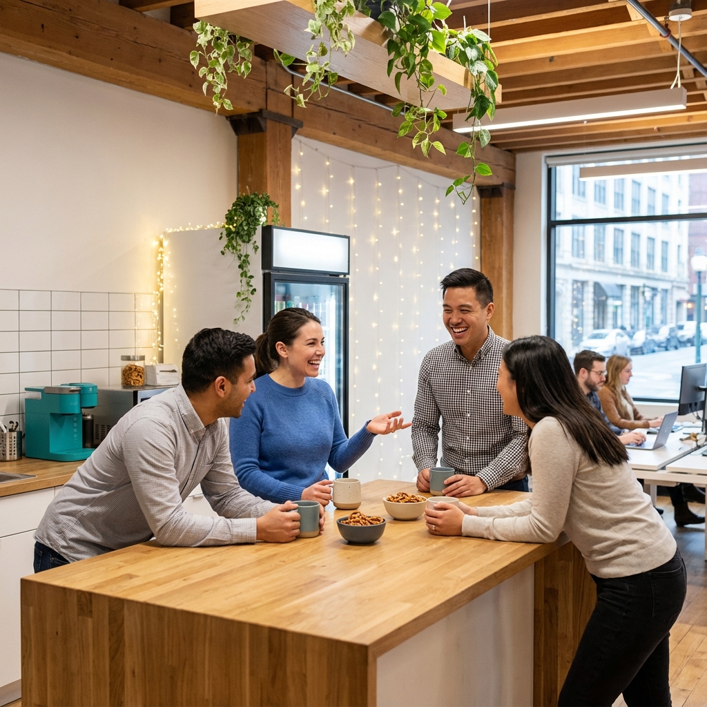 Colleagues laughing in breakroom